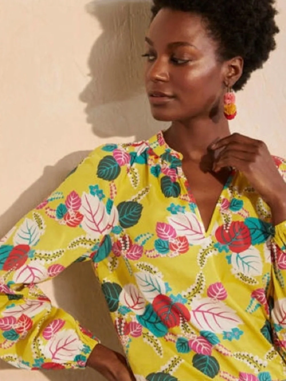 BODEN Heather Yellow Floral Leaf Ruffle V Neck Puff Sleeve Cotton Top - Size 6
